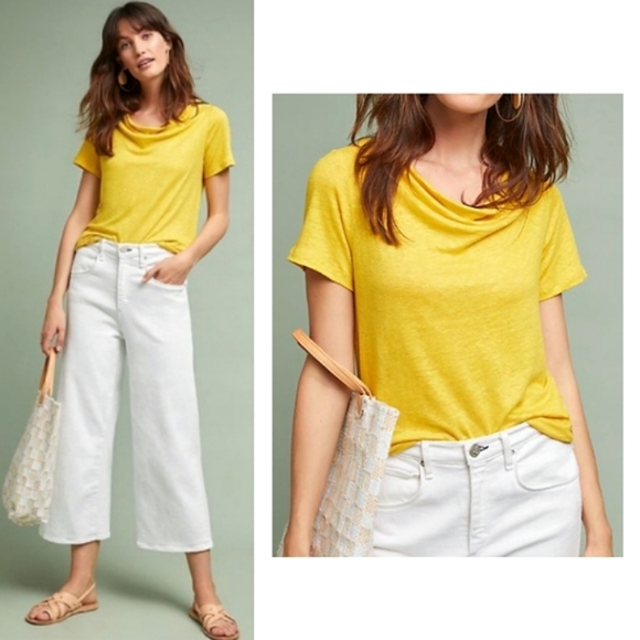Maeve Anthropologie Horizon Linen open back cap sleeved top Gold Mustard Yellow - Picture 13 of 16